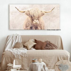 Highland Cow Sign handmade by ToeFishArt. Original, custom, personalized wall decor signs. Canvas, Wood or Metal. Rustic modern farmhouse, cottagecore, vintage, retro, industrial, Americana, primitive, country, coastal, minimalist.
