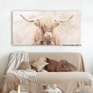 Highland Cow Sign handmade by ToeFishArt. Original, custom, personalized wall decor signs. Canvas, Wood or Metal. Rustic modern farmhouse, cottagecore, vintage, retro, industrial, Americana, primitive, country, coastal, minimalist.