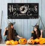 Hocus Pocus Broom Co. Sign handmade by ToeFishArt. Original, custom, personalized wall decor signs. Canvas, Wood or Metal. Rustic modern farmhouse, cottagecore, vintage, retro, industrial, Americana, primitive, country, coastal, minimalist.