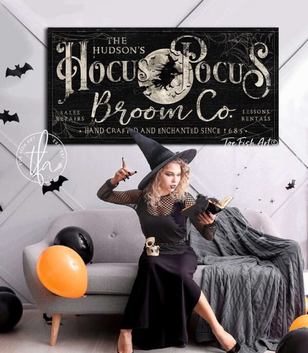 Hocus Pocus Broom Co. Sign handmade by ToeFishArt. Original, custom, personalized wall decor signs. Canvas, Wood or Metal. Rustic modern farmhouse, cottagecore, vintage, retro, industrial, Americana, primitive, country, coastal, minimalist.