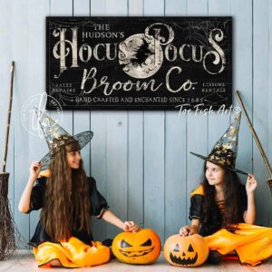 Hocus Pocus Broom Co. Sign handmade by ToeFishArt. Original, custom, personalized wall decor signs. Canvas, Wood or Metal. Rustic modern farmhouse, cottagecore, vintage, retro, industrial, Americana, primitive, country, coastal, minimalist.