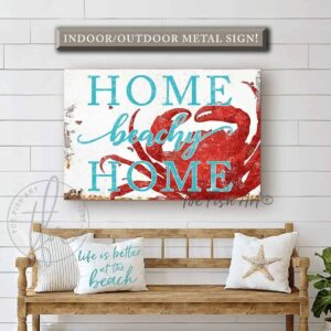 Home Beachy Home Sign handmade by ToeFishArt. Original, custom, personalized wall decor signs. Canvas, Wood or Metal. Rustic modern farmhouse, cottagecore, vintage, retro, industrial, Americana, primitive, country, coastal, minimalist.