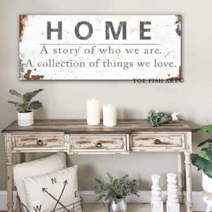 Home Definition Sign handmade by ToeFishArt. Original, custom, personalized wall decor signs. Canvas, Wood or Metal. Rustic modern farmhouse, cottagecore, vintage, retro, industrial, Americana, primitive, country, coastal, minimalist.