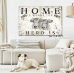 Home Is Where the Herd Is Sign handmade by ToeFishArt. Original, custom, personalized wall decor signs. Canvas, Wood or Metal. Rustic modern farmhouse, cottagecore, vintage, retro, industrial, Americana, primitive, country, coastal, minimalist.