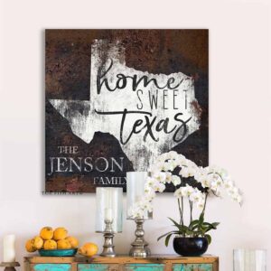 Home Sweet Texas Sign handmade by ToeFishArt. Original, custom, personalized wall decor signs. Canvas, Wood or Metal. Rustic modern farmhouse, cottagecore, vintage, retro, industrial, Americana, primitive, country, coastal, minimalist.