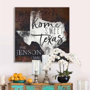 Home Sweet Texas Sign handmade by ToeFishArt. Original, custom, personalized wall decor signs. Canvas, Wood or Metal. Rustic modern farmhouse, cottagecore, vintage, retro, industrial, Americana, primitive, country, coastal, minimalist.