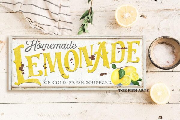 Homemade Lemonade Sign handmade by ToeFishArt. Original, custom, personalized wall decor signs. Canvas, Wood or Metal. Rustic modern farmhouse, cottagecore, vintage, retro, industrial, Americana, primitive, country, coastal, minimalist.