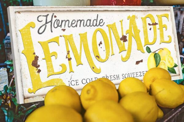 Homemade Lemonade Sign handmade by ToeFishArt. Original, custom, personalized wall decor signs. Canvas, Wood or Metal. Rustic modern farmhouse, cottagecore, vintage, retro, industrial, Americana, primitive, country, coastal, minimalist.