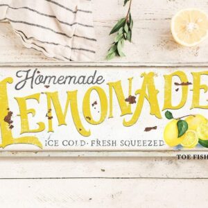 Homemade Lemonade Sign handmade by ToeFishArt. Original, custom, personalized wall decor signs. Canvas, Wood or Metal. Rustic modern farmhouse, cottagecore, vintage, retro, industrial, Americana, primitive, country, coastal, minimalist.