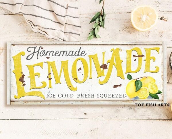 Homemade Lemonade Sign handmade by ToeFishArt. Original, custom, personalized wall decor signs. Canvas, Wood or Metal. Rustic modern farmhouse, cottagecore, vintage, retro, industrial, Americana, primitive, country, coastal, minimalist.