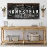 Homestead Family Sign handmade by ToeFishArt. Original, custom, personalized wall decor signs. Canvas, Wood or Metal. Rustic modern farmhouse, cottagecore, vintage, retro, industrial, Americana, primitive, country, coastal, minimalist.