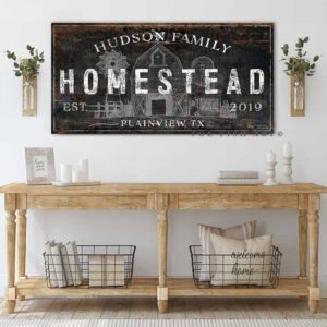 Homestead Family Sign handmade by ToeFishArt. Original, custom, personalized wall decor signs. Canvas, Wood or Metal. Rustic modern farmhouse, cottagecore, vintage, retro, industrial, Americana, primitive, country, coastal, minimalist.