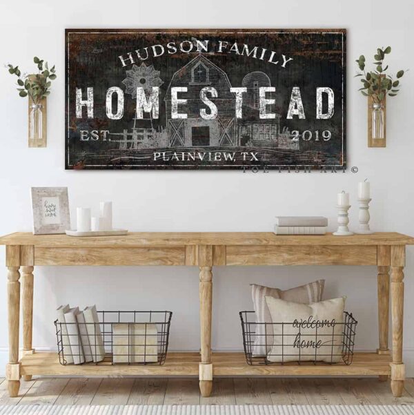 Homestead Family Sign handmade by ToeFishArt. Original, custom, personalized wall decor signs. Canvas, Wood or Metal. Rustic modern farmhouse, cottagecore, vintage, retro, industrial, Americana, primitive, country, coastal, minimalist.