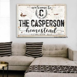 Homestead Sign handmade by ToeFishArt. Original, custom, personalized wall decor signs. Canvas, Wood or Metal. Rustic modern farmhouse, cottagecore, vintage, retro, industrial, Americana, primitive, country, coastal, minimalist.