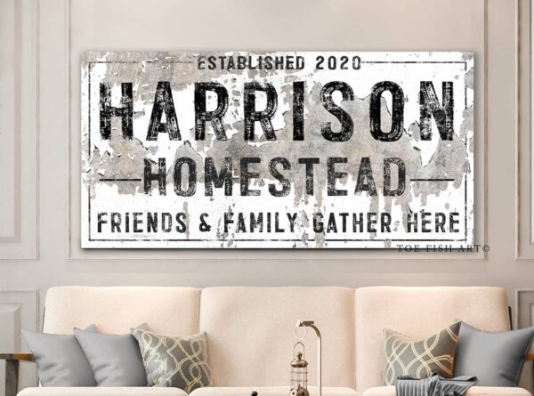 Homestead Sign handmade by ToeFishArt. Original, custom, personalized wall decor signs. Canvas, Wood or Metal. Rustic modern farmhouse, cottagecore, vintage, retro, industrial, Americana, primitive, country, coastal, minimalist.