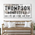 Homestead Sign handmade by ToeFishArt. Original, custom, personalized wall decor signs. Canvas, Wood or Metal. Rustic modern farmhouse, cottagecore, vintage, retro, industrial, Americana, primitive, country, coastal, minimalist.