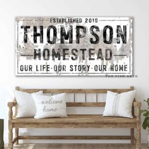 Homestead Sign handmade by ToeFishArt. Original, custom, personalized wall decor signs. Canvas, Wood or Metal. Rustic modern farmhouse, cottagecore, vintage, retro, industrial, Americana, primitive, country, coastal, minimalist.