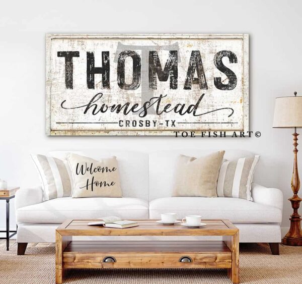 Homestead Sign handmade by ToeFishArt. Original, custom, personalized wall decor signs. Canvas, Wood or Metal. Rustic modern farmhouse, cottagecore, vintage, retro, industrial, Americana, primitive, country, coastal, minimalist.