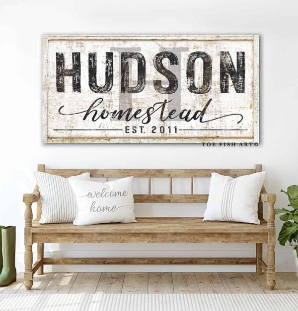 Homestead Sign handmade by ToeFishArt. Original, custom, personalized wall decor signs. Canvas, Wood or Metal. Rustic modern farmhouse, cottagecore, vintage, retro, industrial, Americana, primitive, country, coastal, minimalist.