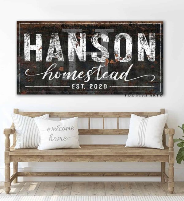 Homestead Sign handmade by ToeFishArt. Original, custom, personalized wall decor signs. Canvas, Wood or Metal. Rustic modern farmhouse, cottagecore, vintage, retro, industrial, Americana, primitive, country, coastal, minimalist.