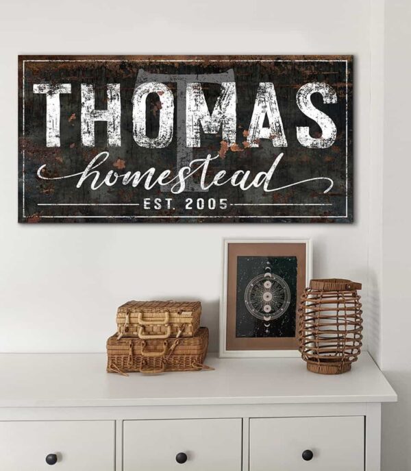 Homestead Sign handmade by ToeFishArt. Original, custom, personalized wall decor signs. Canvas, Wood or Metal. Rustic modern farmhouse, cottagecore, vintage, retro, industrial, Americana, primitive, country, coastal, minimalist.