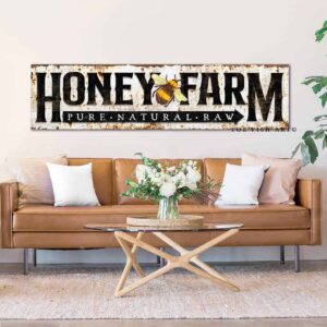 Honey Farm Sign Vintage Rustic Style Pure Natural Raw Honey Bee handmade by ToeFishArt. Original, custom, personalized wall decor signs. Canvas, Wood or Metal. Rustic modern farmhouse, cottagecore, vintage, retro, industrial, Americana, primitive, country, coastal, minimalist.