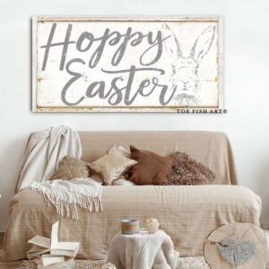 Hoppy Easter Sign handmade by ToeFishArt. Original, custom, personalized wall decor signs. Canvas, Wood or Metal. Rustic modern farmhouse, cottagecore, vintage, retro, industrial, Americana, primitive, country, coastal, minimalist.