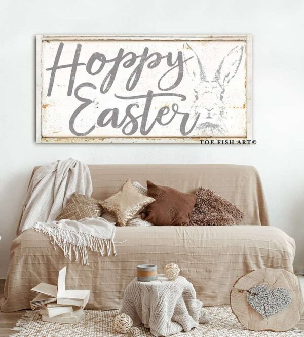 Hoppy Easter Sign handmade by ToeFishArt. Original, custom, personalized wall decor signs. Canvas, Wood or Metal. Rustic modern farmhouse, cottagecore, vintage, retro, industrial, Americana, primitive, country, coastal, minimalist.