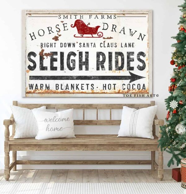 Horse Drawn Sleigh Rides Sign handmade by ToeFishArt. Original, custom, personalized wall decor signs. Canvas, Wood or Metal. Rustic modern farmhouse, cottagecore, vintage, retro, industrial, Americana, primitive, country, coastal, minimalist.