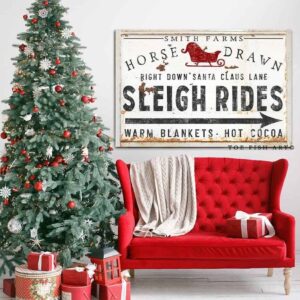 Horse Drawn Sleigh Rides Sign handmade by ToeFishArt. Original, custom, personalized wall decor signs. Canvas, Wood or Metal. Rustic modern farmhouse, cottagecore, vintage, retro, industrial, Americana, primitive, country, coastal, minimalist.