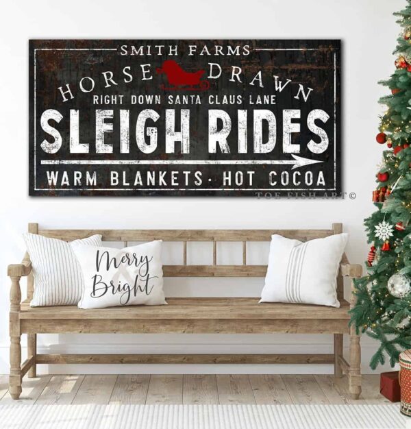 Horse Drawn Sleigh Rides Sign handmade by ToeFishArt. Original, custom, personalized wall decor signs. Canvas, Wood or Metal. Rustic modern farmhouse, cottagecore, vintage, retro, industrial, Americana, primitive, country, coastal, minimalist.