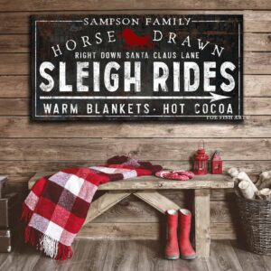 Horse Drawn Sleigh Rides Sign handmade by ToeFishArt. Original, custom, personalized wall decor signs. Canvas, Wood or Metal. Rustic modern farmhouse, cottagecore, vintage, retro, industrial, Americana, primitive, country, coastal, minimalist.