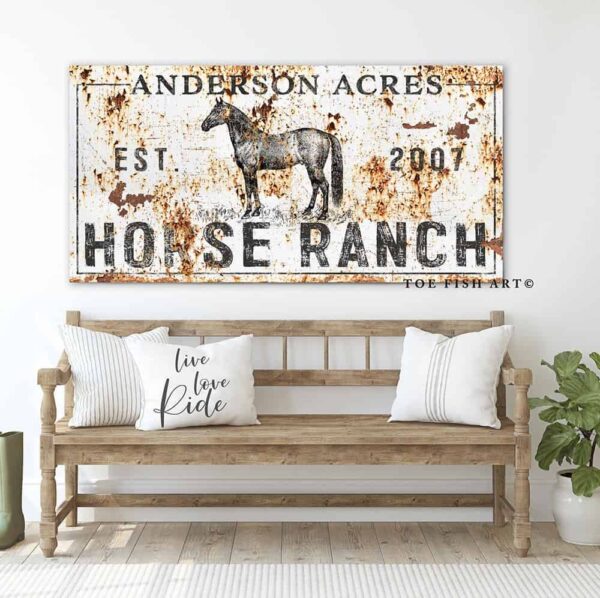 Horse Farm Sign handmade by ToeFishArt. Original, custom, personalized wall decor signs. Canvas, Wood or Metal. Rustic modern farmhouse, cottagecore, vintage, retro, industrial, Americana, primitive, country, coastal, minimalist.