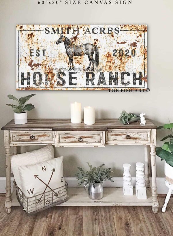 Horse Farm Sign handmade by ToeFishArt. Original, custom, personalized wall decor signs. Canvas, Wood or Metal. Rustic modern farmhouse, cottagecore, vintage, retro, industrial, Americana, primitive, country, coastal, minimalist.