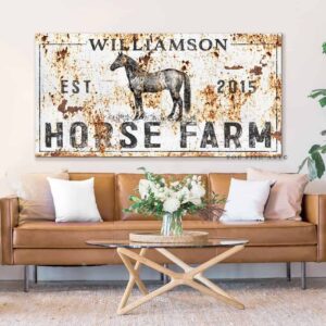 Horse Farm Sign handmade by ToeFishArt. Original, custom, personalized wall decor signs. Canvas, Wood or Metal. Rustic modern farmhouse, cottagecore, vintage, retro, industrial, Americana, primitive, country, coastal, minimalist.