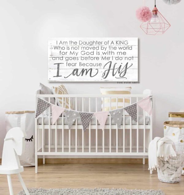 I Am His Sign handmade by ToeFishArt. Original, custom, personalized wall decor signs. Canvas, Wood or Metal. Rustic modern farmhouse, cottagecore, vintage, retro, industrial, Americana, primitive, country, coastal, minimalist.