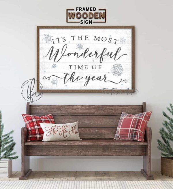 It's the Most Wonderful Time of the Year Sign handmade by ToeFishArt. Original, custom, personalized wall decor signs. Canvas, Wood or Metal. Rustic modern farmhouse, cottagecore, vintage, retro, industrial, Americana, primitive, country, coastal, minimalist.