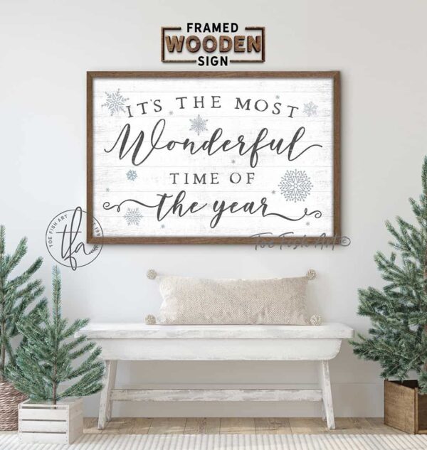 It's the Most Wonderful Time of the Year Sign handmade by ToeFishArt. Original, custom, personalized wall decor signs. Canvas, Wood or Metal. Rustic modern farmhouse, cottagecore, vintage, retro, industrial, Americana, primitive, country, coastal, minimalist.