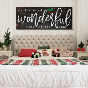 It's the most Wonderful Time of the Year Sign handmade by ToeFishArt. Original, custom, personalized wall decor signs. Canvas, Wood or Metal. Rustic modern farmhouse, cottagecore, vintage, retro, industrial, Americana, primitive, country, coastal, minimalist.