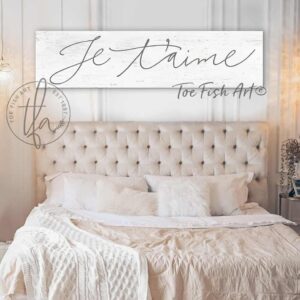 Je t'aime Sign French I Love You Sign handmade by ToeFishArt. Original, custom, personalized wall decor signs. Canvas, Wood or Metal. Rustic modern farmhouse, cottagecore, vintage, retro, industrial, Americana, primitive, country, coastal, minimalist.