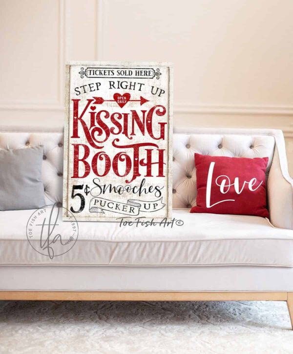 Kissing Booth Sign handmade by ToeFishArt. Original, custom, personalized wall decor signs. Canvas, Wood or Metal. Rustic modern farmhouse, cottagecore, vintage, retro, industrial, Americana, primitive, country, coastal, minimalist.