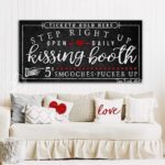 Kissing Booth Sign handmade by ToeFishArt. Original, custom, personalized wall decor signs. Canvas, Wood or Metal. Rustic modern farmhouse, cottagecore, vintage, retro, industrial, Americana, primitive, country, coastal, minimalist.