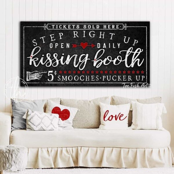 Kissing Booth Sign handmade by ToeFishArt. Original, custom, personalized wall decor signs. Canvas, Wood or Metal. Rustic modern farmhouse, cottagecore, vintage, retro, industrial, Americana, primitive, country, coastal, minimalist.