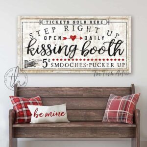 Kissing Booth Sign handmade by ToeFishArt. Original, custom, personalized wall decor signs. Canvas, Wood or Metal. Rustic modern farmhouse, cottagecore, vintage, retro, industrial, Americana, primitive, country, coastal, minimalist.