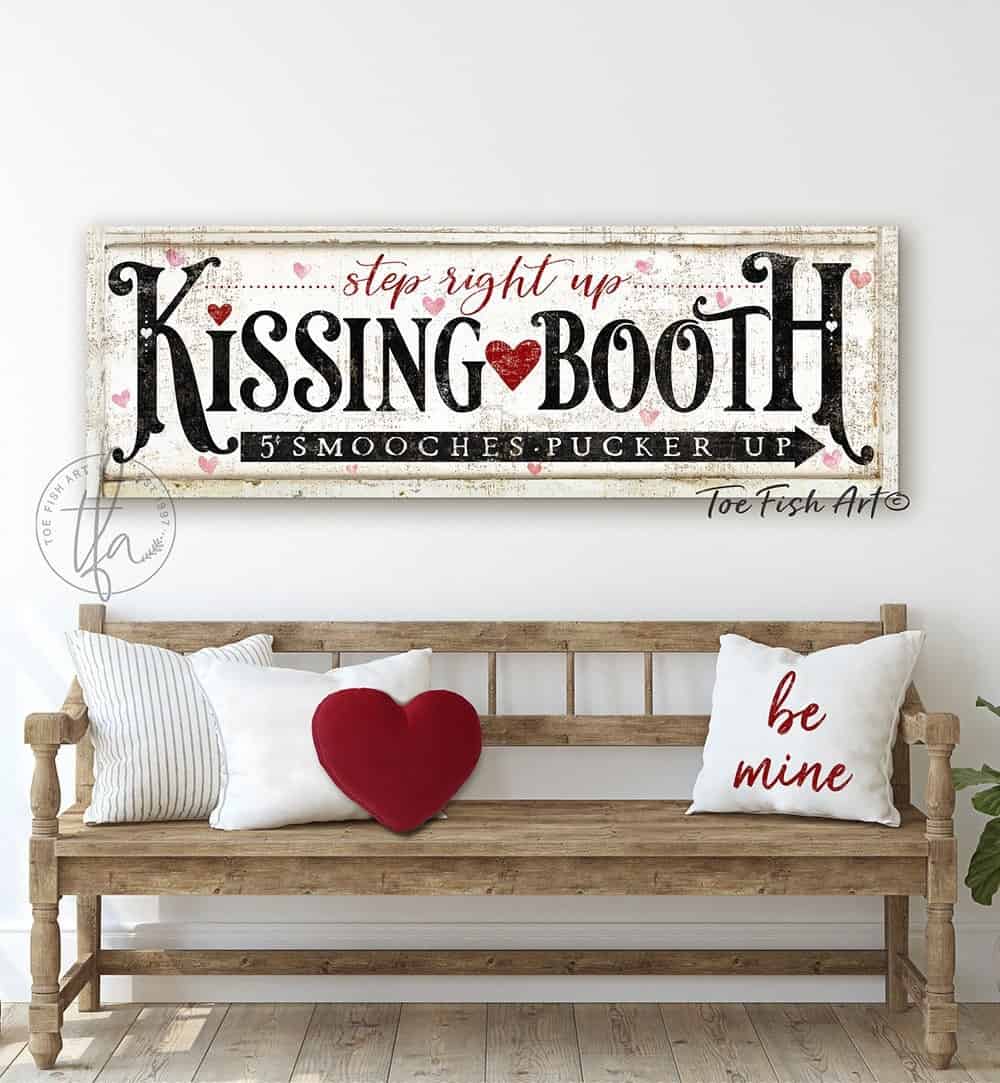 Kissing Booth Sign handmade by ToeFishArt. Original, custom, personalized wall decor signs. Canvas, Wood or Metal. Rustic modern farmhouse, cottagecore, vintage, retro, industrial, Americana, primitive, country, coastal, minimalist.