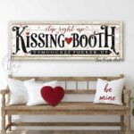 Kissing Booth Sign handmade by ToeFishArt. Original, custom, personalized wall decor signs. Canvas, Wood or Metal. Rustic modern farmhouse, cottagecore, vintage, retro, industrial, Americana, primitive, country, coastal, minimalist.