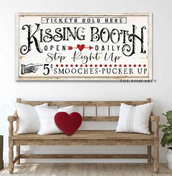 Kissing Booth Sign handmade by ToeFishArt. Original, custom, personalized wall decor signs. Canvas, Wood or Metal. Rustic modern farmhouse, cottagecore, vintage, retro, industrial, Americana, primitive, country, coastal, minimalist.