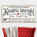 Kissing Booth Sign handmade by ToeFishArt. Original, custom, personalized wall decor signs. Canvas, Wood or Metal. Rustic modern farmhouse, cottagecore, vintage, retro, industrial, Americana, primitive, country, coastal, minimalist.