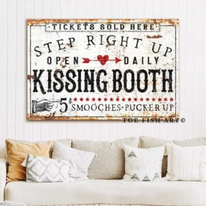 Kissing Booth Sign handmade by ToeFishArt. Original, custom, personalized wall decor signs. Canvas, Wood or Metal. Rustic modern farmhouse, cottagecore, vintage, retro, industrial, Americana, primitive, country, coastal, minimalist.