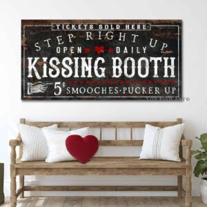 Kissing Booth Sign handmade by ToeFishArt. Original, custom, personalized wall decor signs. Canvas, Wood or Metal. Rustic modern farmhouse, cottagecore, vintage, retro, industrial, Americana, primitive, country, coastal, minimalist.